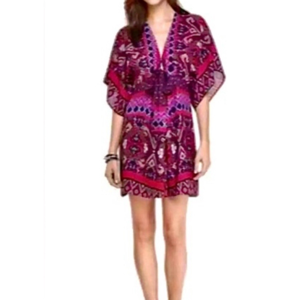 Express Boho Kimono Style Pink Printed V-Neck Dress‎ M Vacation Resortwear